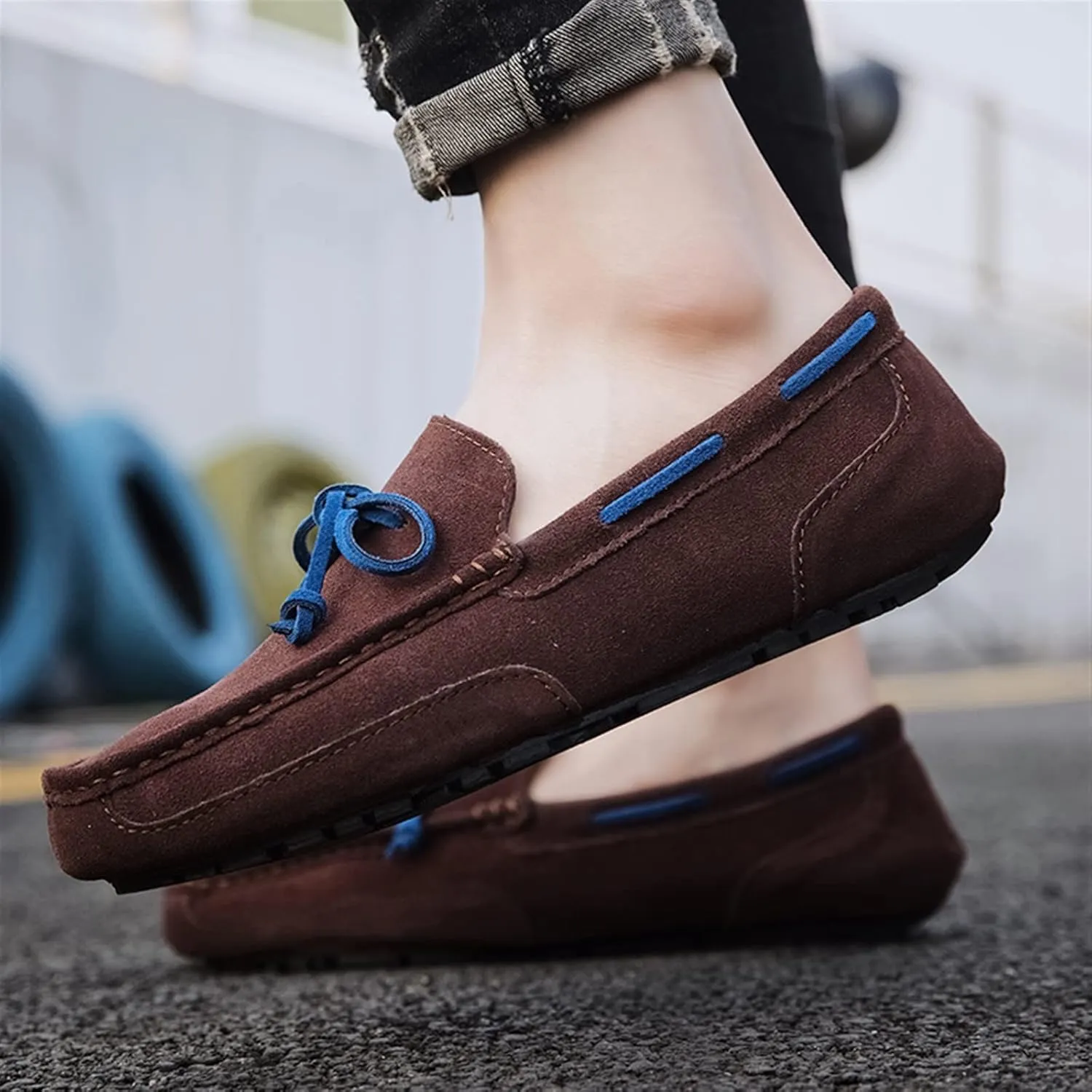 Driving Moccasins Smoking Loafer for Men Suede Vamp Stitching Details Deck Shoes Plain Toe Genuine Leather Resistant Flexible Flat Heel Soft Driving for Any Attire