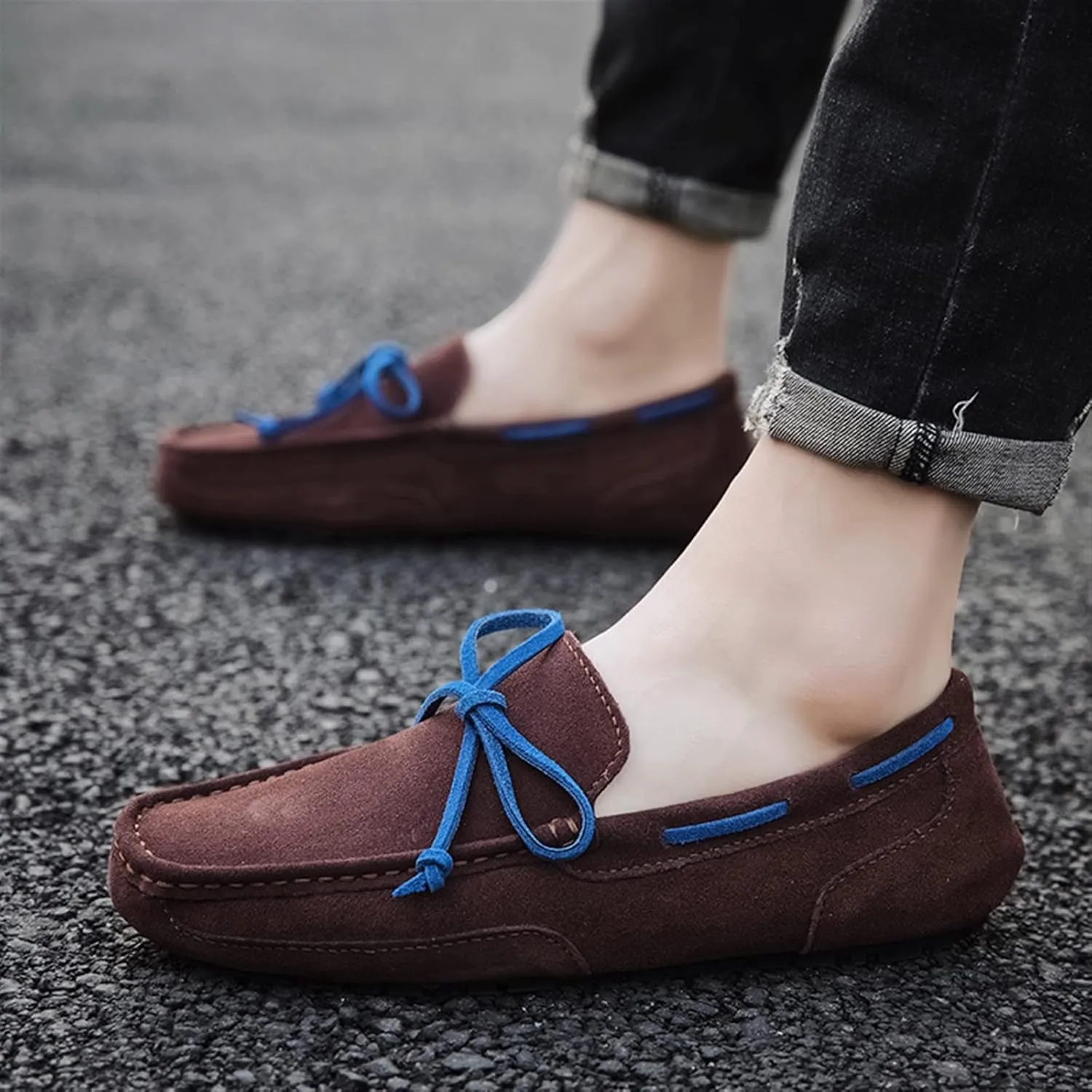 Driving Moccasins Smoking Loafer for Men Suede Vamp Stitching Details Deck Shoes Plain Toe Genuine Leather Resistant Flexible Flat Heel Soft Driving for Any Attire