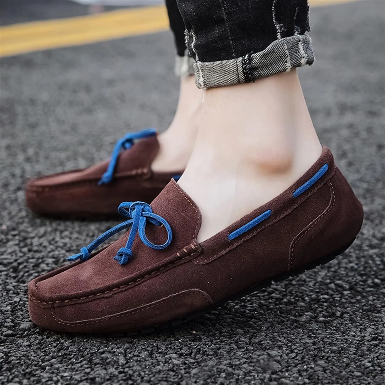 Driving Moccasins Smoking Loafer for Men Suede Vamp Stitching Details Deck Shoes Plain Toe Genuine Leather Resistant Flexible Flat Heel Soft Driving for Any Attire