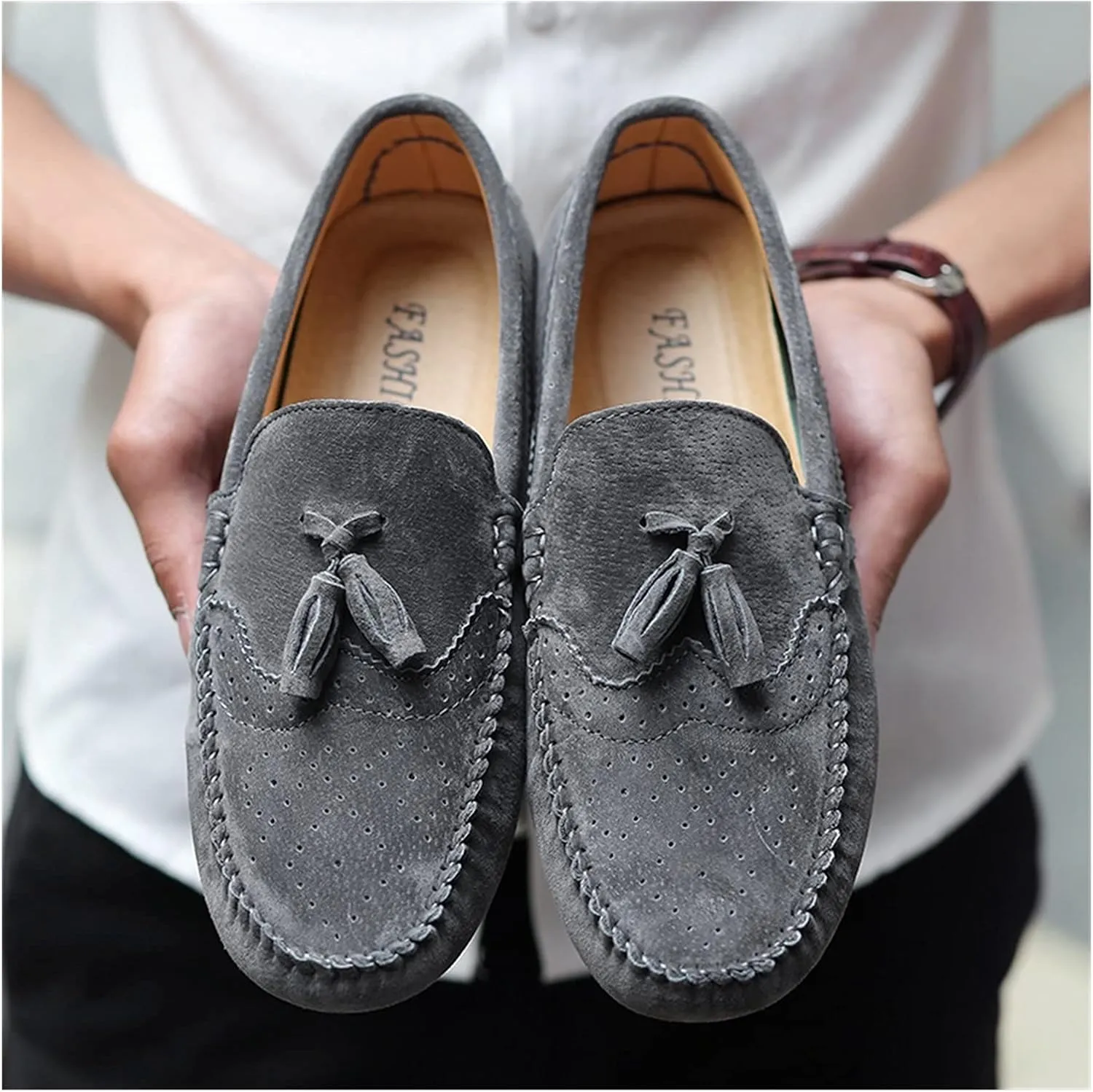 Easy to Put and Remove Driving Moccasins for Men Suede Vamp Round Toe Tassel Stitching Details Resistant Flexible Flat Heel Soft Comfortable Casual Slip On for All Occasions