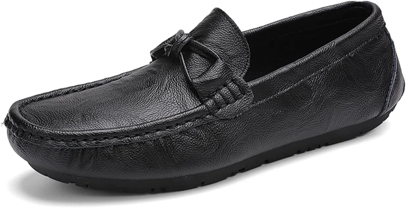 Easy to Put and Remove. Loafer Shoes Driving Moccasins for Men Genuine Leather Bow Stitching Details Round Toe Resistant Flat Heel Flexible Walking Slip on for All Occasions