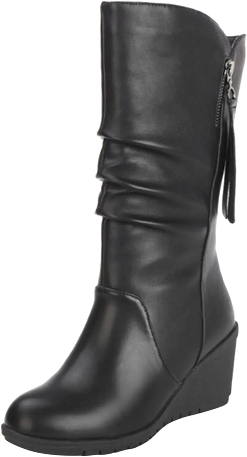 Fashion Women Keep Warm Wedges Artificial Leather Zipper Mid Calf Boots Round Toe Shoes Mid Calf Boots for Women Suede