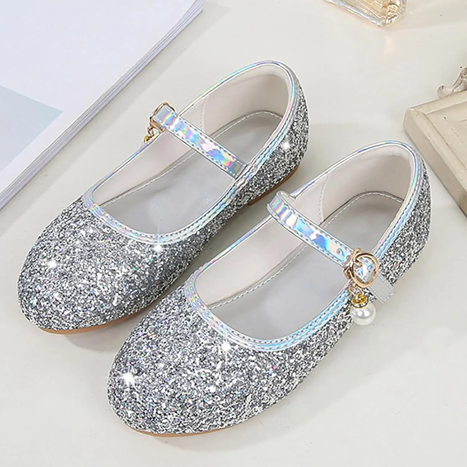 Flower Girls Dress Shoes Glitter Ballet Flat for Toddler Wedding Pary School Fashion Buckle Mary Jane Shoes