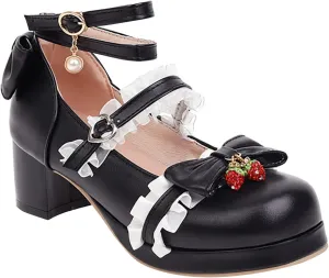 Girls Lolita Shoes Bow Pearl Kawaii Chunky Heel Platform Pumps Kids Cute Lace Ankle Strap Mary anes Dress Shoes