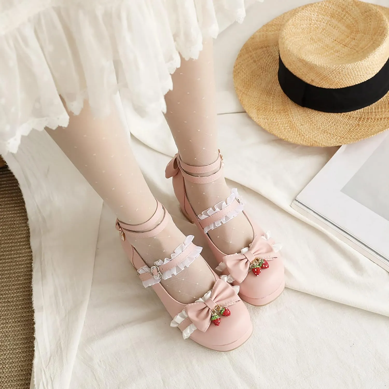 Girls Lolita Shoes Bow Pearl Kawaii Chunky Heel Platform Pumps Kids Cute Lace Ankle Strap Mary anes Dress Shoes