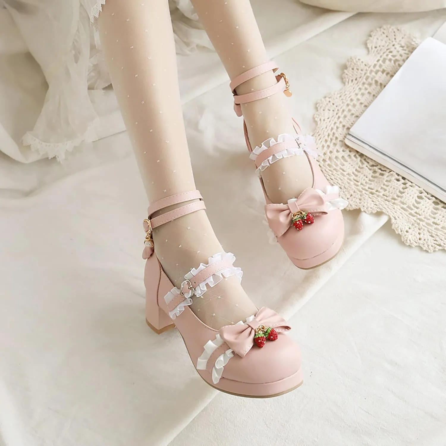 Girls Lolita Shoes Bow Pearl Kawaii Chunky Heel Platform Pumps Kids Cute Lace Ankle Strap Mary anes Dress Shoes