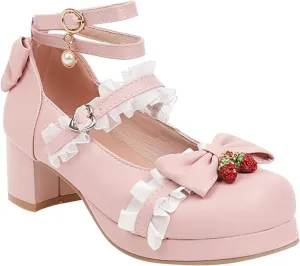 Girls Lolita Shoes Bow Pearl Kawaii Chunky Heel Platform Pumps Kids Cute Lace Ankle Strap Mary anes Dress Shoes