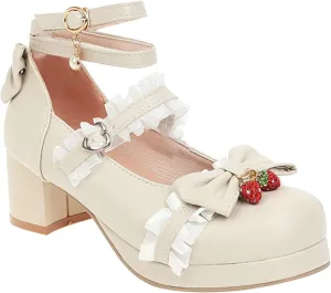 Girls Lolita Shoes Bow Pearl Kawaii Chunky Heel Platform Pumps Kids Cute Lace Ankle Strap Mary anes Dress Shoes