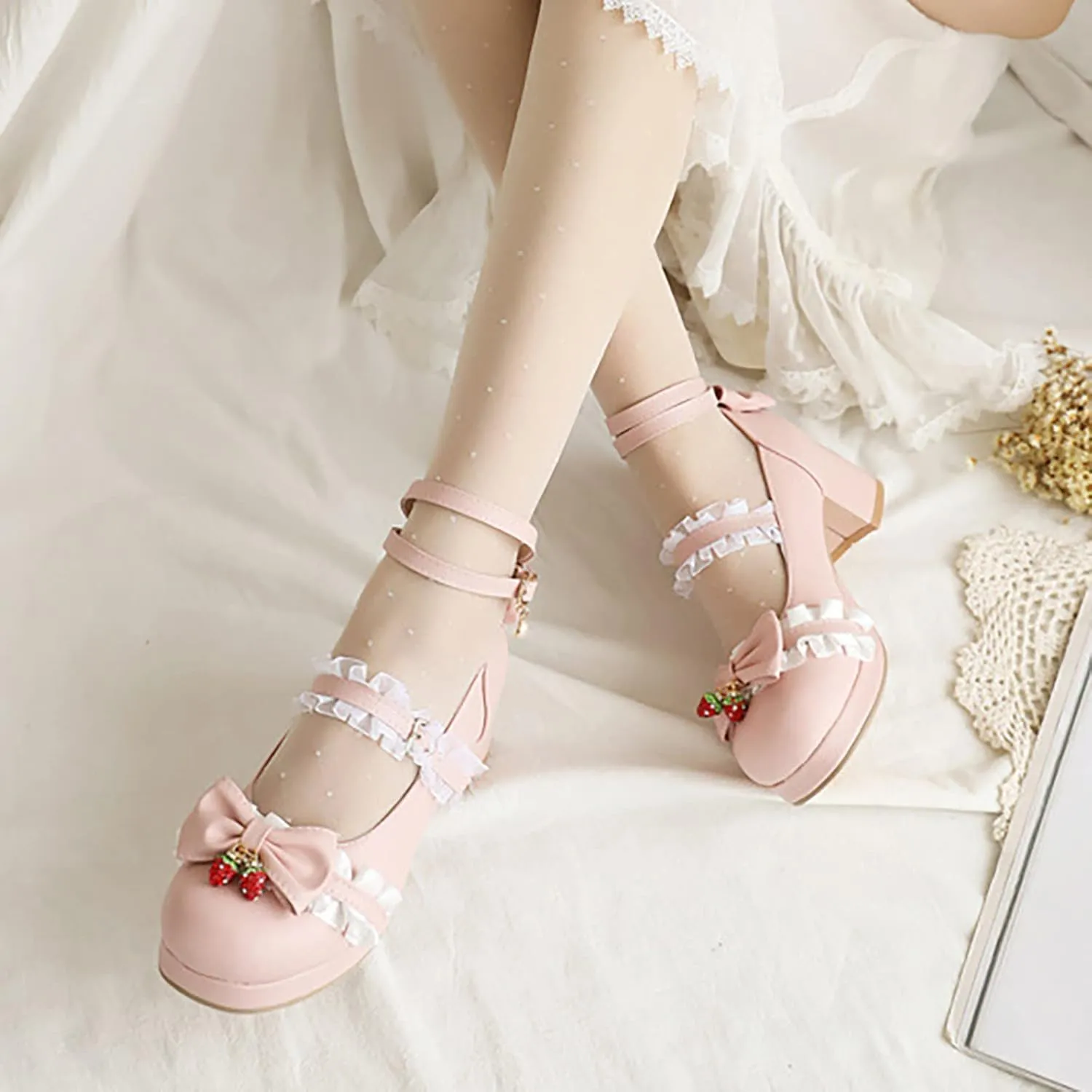 Girls Lolita Shoes Bow Pearl Kawaii Chunky Heel Platform Pumps Kids Cute Lace Ankle Strap Mary anes Dress Shoes