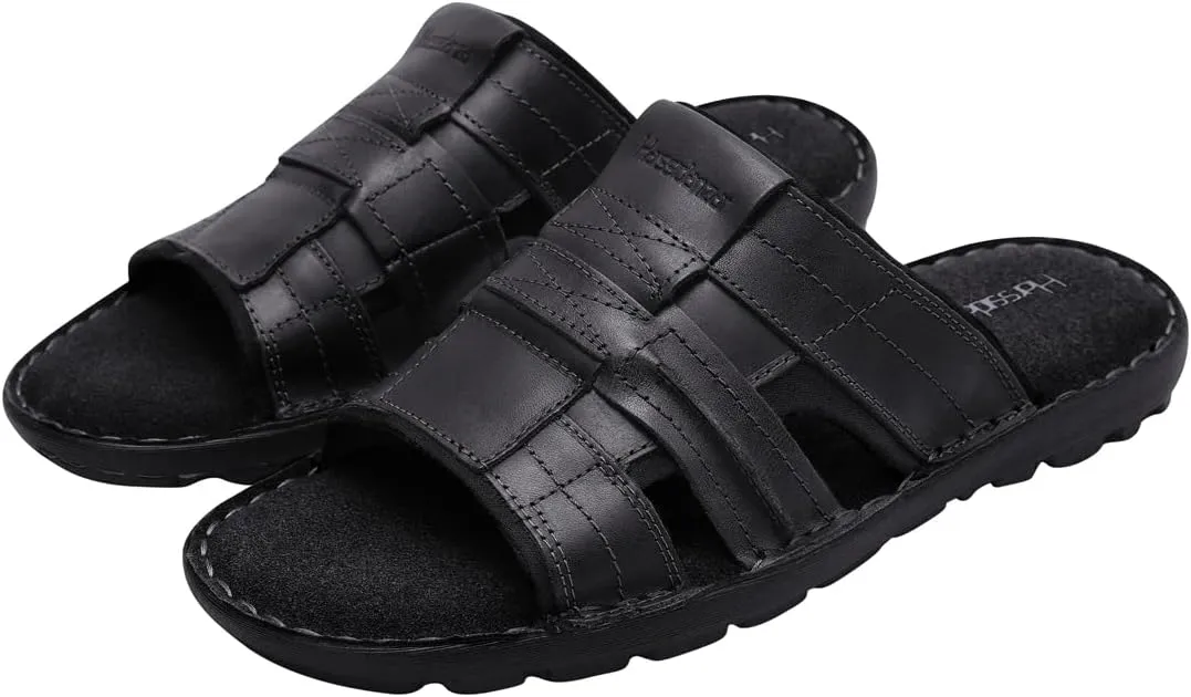 Harssidanzar Leather Slide Sandals for Men Memory foam Lightweight Summer Mens Sandals Outdoor Mens Beach slip on Sandal KM228US