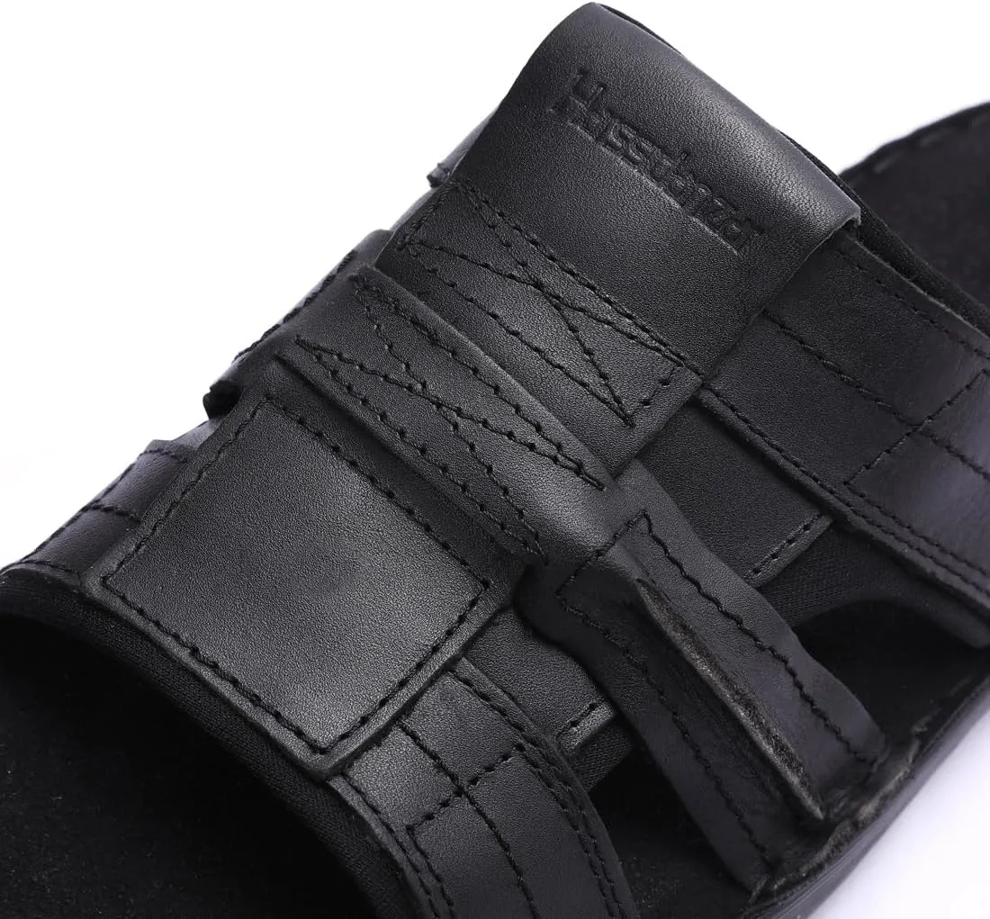 Harssidanzar Leather Slide Sandals for Men Memory foam Lightweight Summer Mens Sandals Outdoor Mens Beach slip on Sandal KM228US