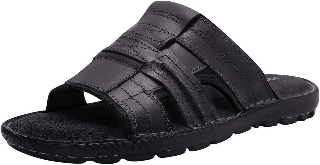 Harssidanzar Leather Slide Sandals for Men Memory foam Lightweight Summer Mens Sandals Outdoor Mens Beach slip on Sandal KM228US