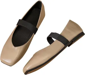 Hee grand Leather Flats for Women Comfortable Square Toe Mary Jane Shoes Elastic Strap Flats Lightweight Walking Shoes