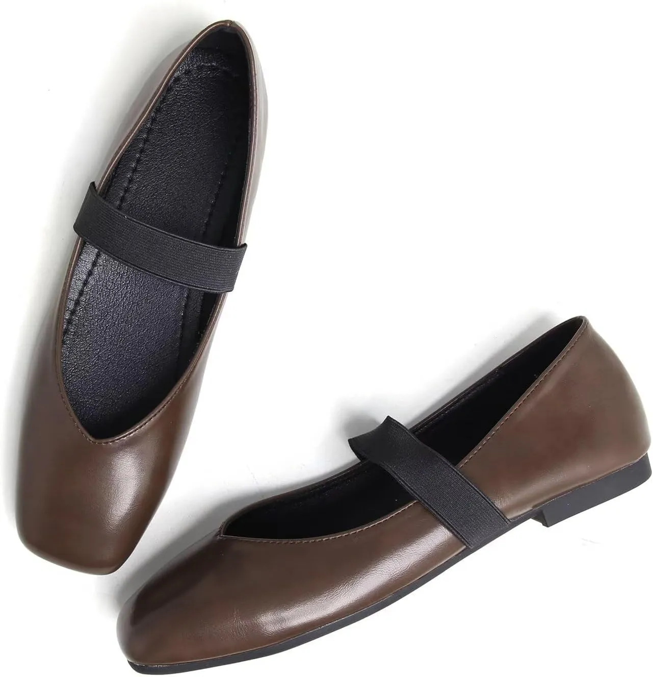 Hee grand Leather Flats for Women Comfortable Square Toe Mary Jane Shoes Elastic Strap Flats Lightweight Walking Shoes