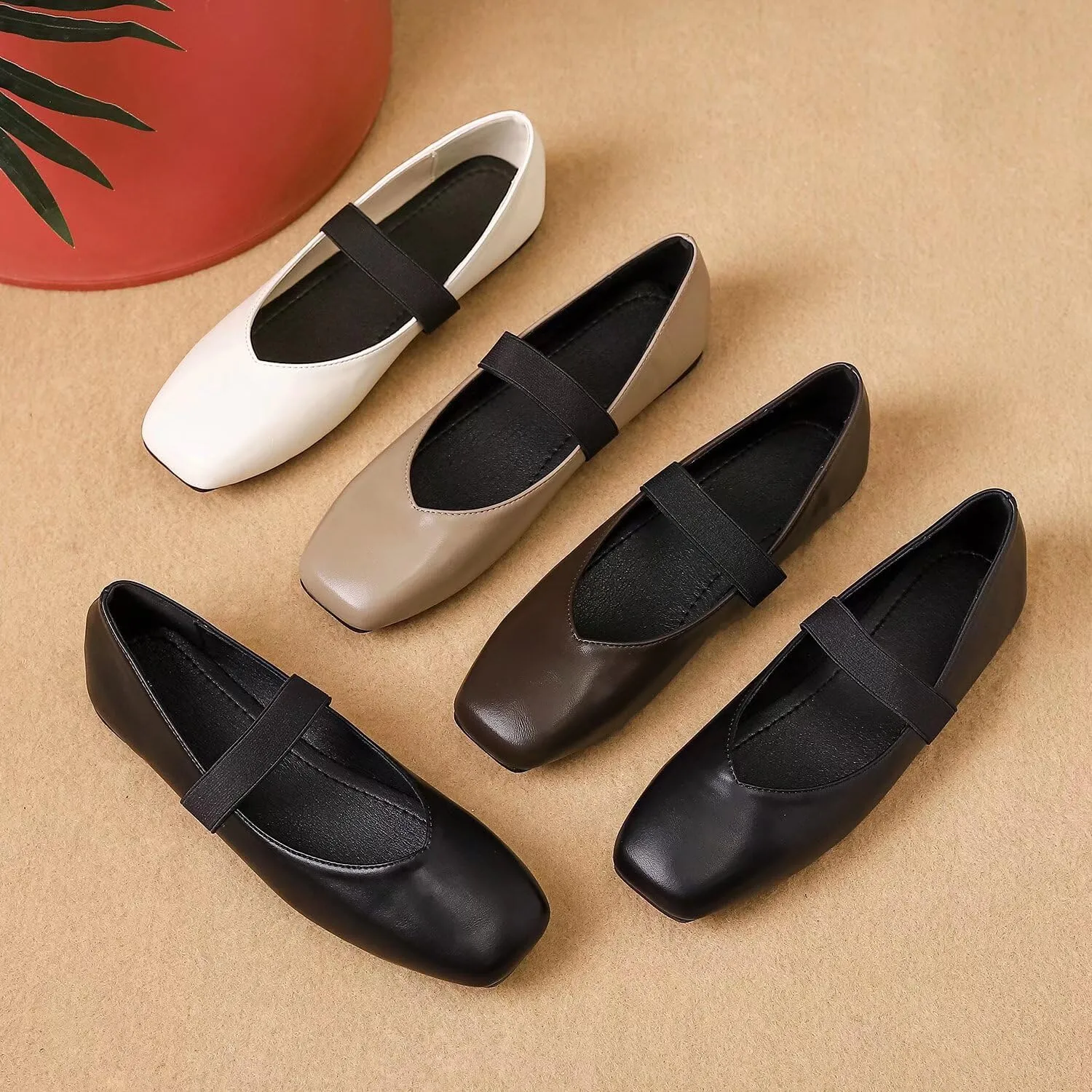 Hee grand Leather Flats for Women Comfortable Square Toe Mary Jane Shoes Elastic Strap Flats Lightweight Walking Shoes