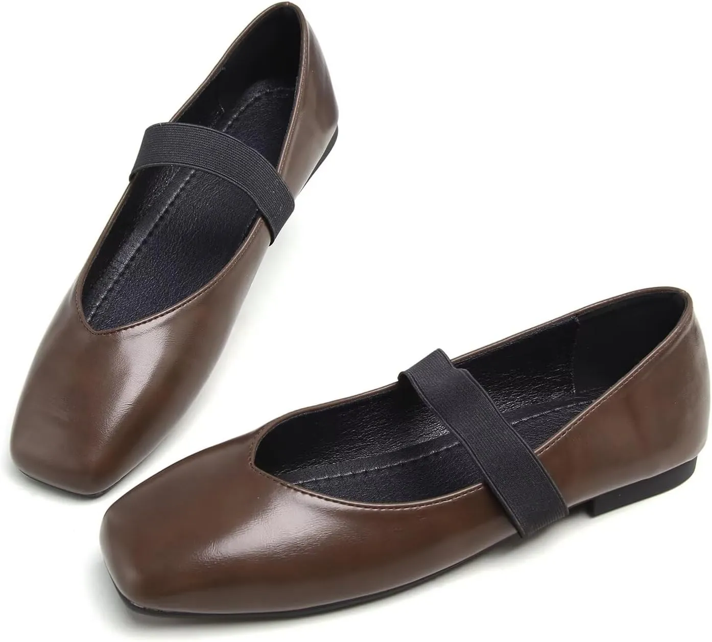 Hee grand Leather Flats for Women Comfortable Square Toe Mary Jane Shoes Elastic Strap Flats Lightweight Walking Shoes