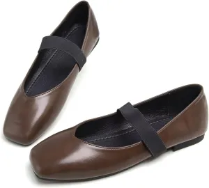 Hee grand Leather Flats for Women Comfortable Square Toe Mary Jane Shoes Elastic Strap Flats Lightweight Walking Shoes