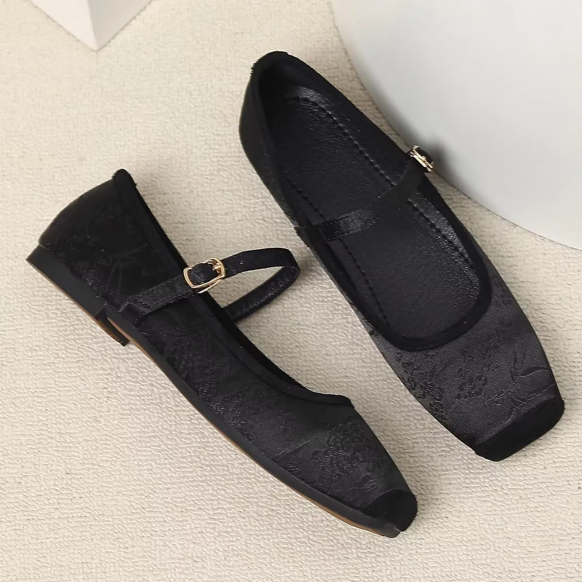 Hee grand Satin Embroidery Mary Jane Flats for Women Dressy Square Toe Ballet Flats with Ankle Strap Comfortable Walking Flats