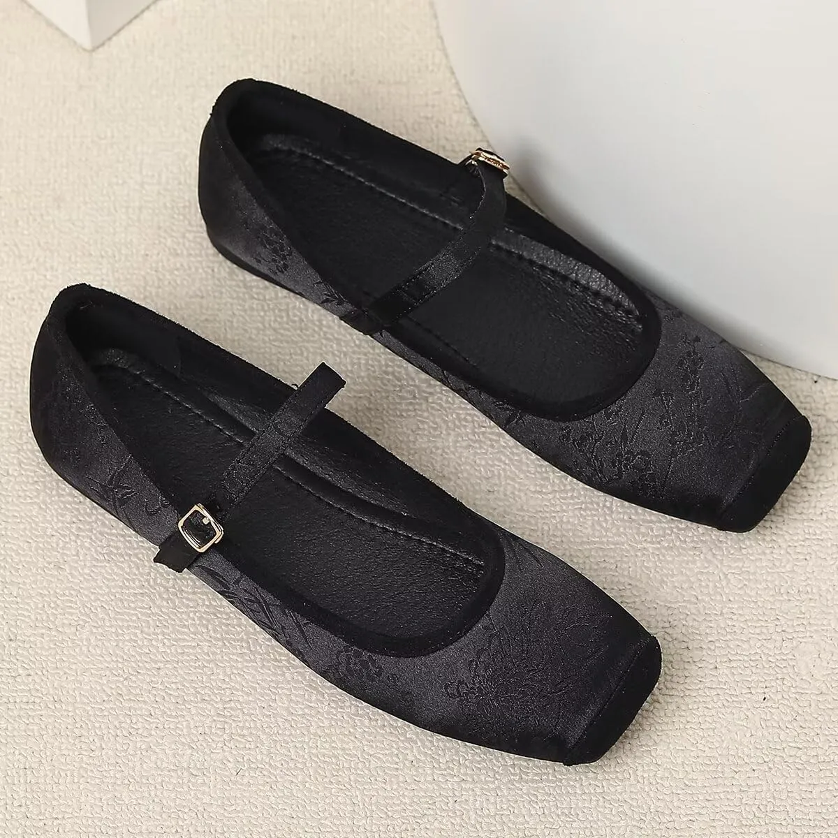 Hee grand Satin Embroidery Mary Jane Flats for Women Dressy Square Toe Ballet Flats with Ankle Strap Comfortable Walking Flats