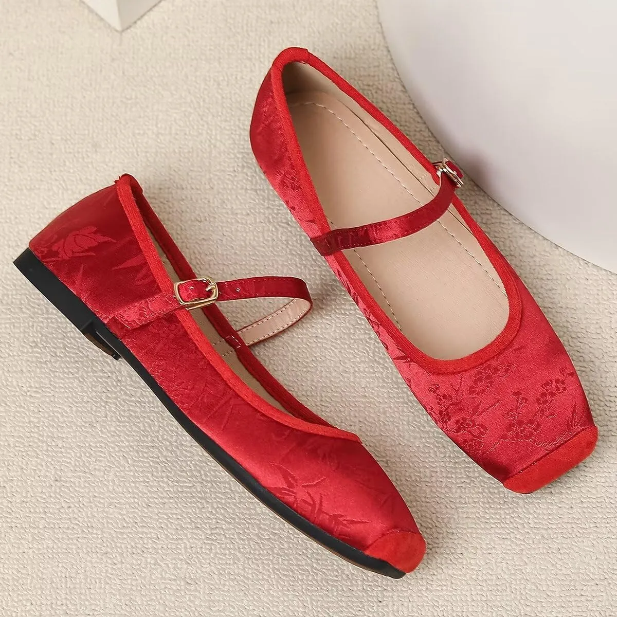 Hee grand Satin Embroidery Mary Jane Flats for Women Dressy Square Toe Ballet Flats with Ankle Strap Comfortable Walking Flats