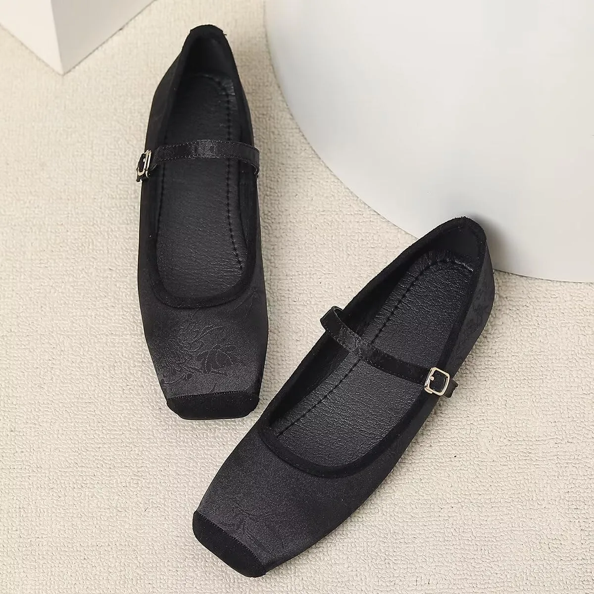 Hee grand Satin Embroidery Mary Jane Flats for Women Dressy Square Toe Ballet Flats with Ankle Strap Comfortable Walking Flats