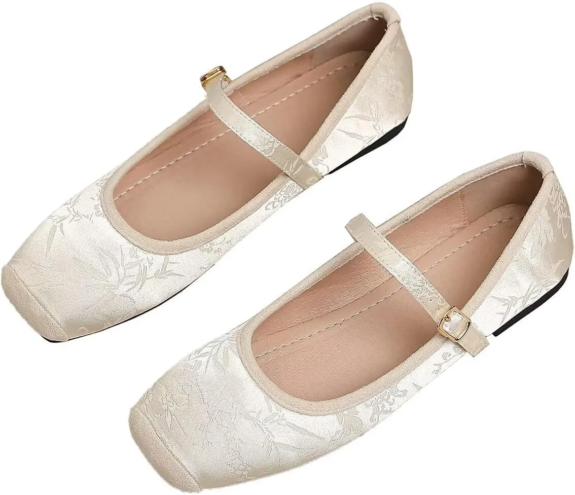 Hee grand Satin Embroidery Mary Jane Flats for Women Dressy Square Toe Ballet Flats with Ankle Strap Comfortable Walking Flats