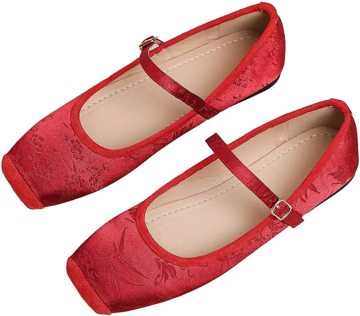 Hee grand Satin Embroidery Mary Jane Flats for Women Dressy Square Toe Ballet Flats with Ankle Strap Comfortable Walking Flats