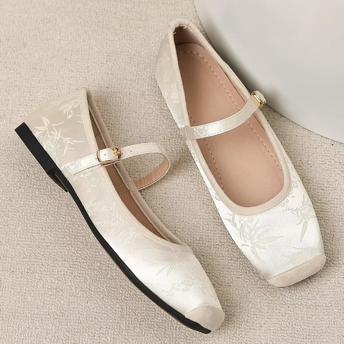 Hee grand Satin Embroidery Mary Jane Flats for Women Dressy Square Toe Ballet Flats with Ankle Strap Comfortable Walking Flats