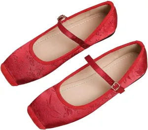 Hee grand Satin Embroidery Mary Jane Flats for Women Dressy Square Toe Ballet Flats with Ankle Strap Comfortable Walking Flats