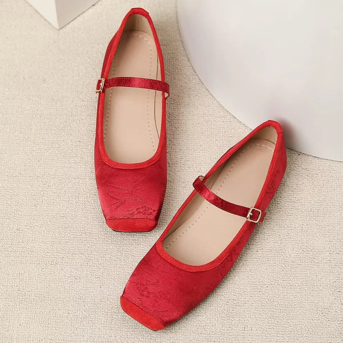 Hee grand Satin Embroidery Mary Jane Flats for Women Dressy Square Toe Ballet Flats with Ankle Strap Comfortable Walking Flats