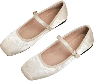 Hee grand Satin Embroidery Mary Jane Flats for Women Dressy Square Toe Ballet Flats with Ankle Strap Comfortable Walking Flats