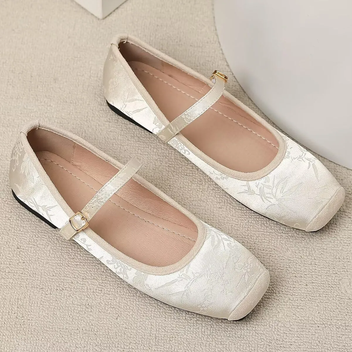 Hee grand Satin Embroidery Mary Jane Flats for Women Dressy Square Toe Ballet Flats with Ankle Strap Comfortable Walking Flats