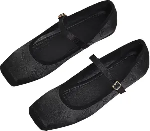 Hee grand Satin Embroidery Mary Jane Flats for Women Dressy Square Toe Ballet Flats with Ankle Strap Comfortable Walking Flats