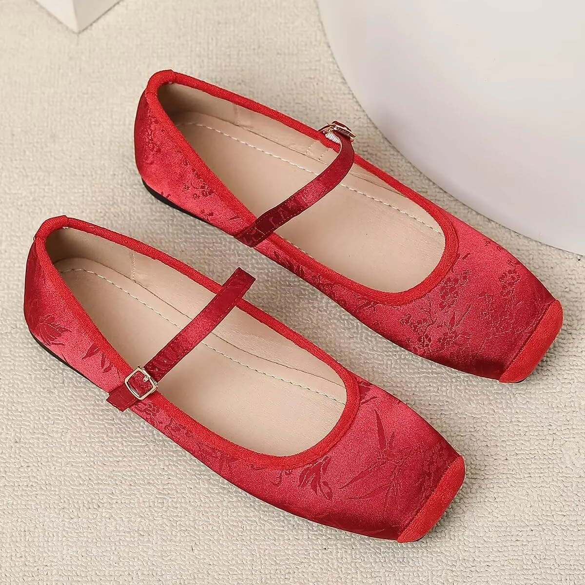 Hee grand Satin Embroidery Mary Jane Flats for Women Dressy Square Toe Ballet Flats with Ankle Strap Comfortable Walking Flats