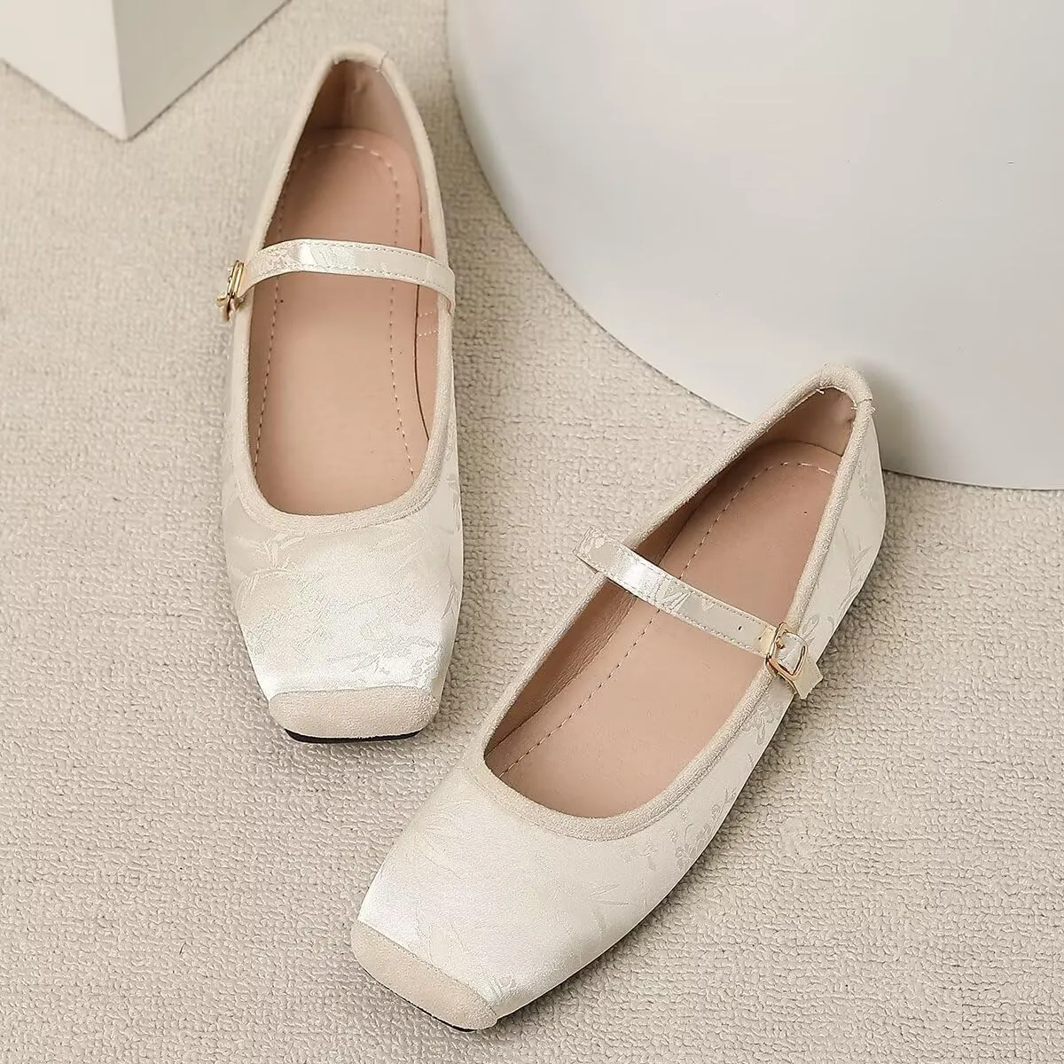 Hee grand Satin Embroidery Mary Jane Flats for Women Dressy Square Toe Ballet Flats with Ankle Strap Comfortable Walking Flats