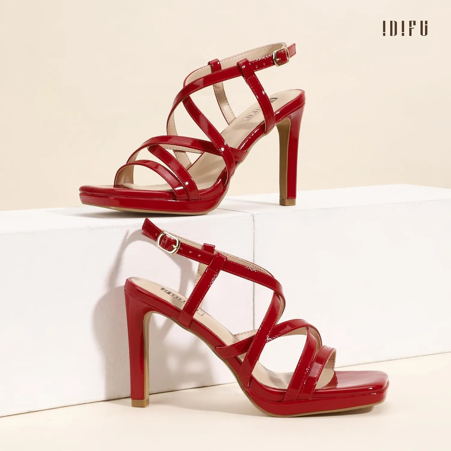 IDIFU IN4 Platform Heels High Strappy Slingback Stiletto Open Square Toe Heel Wedding Bridal Prom Party Heeled Sandals Dress Shoes For Women Comfortable Sexy Fashion Heels