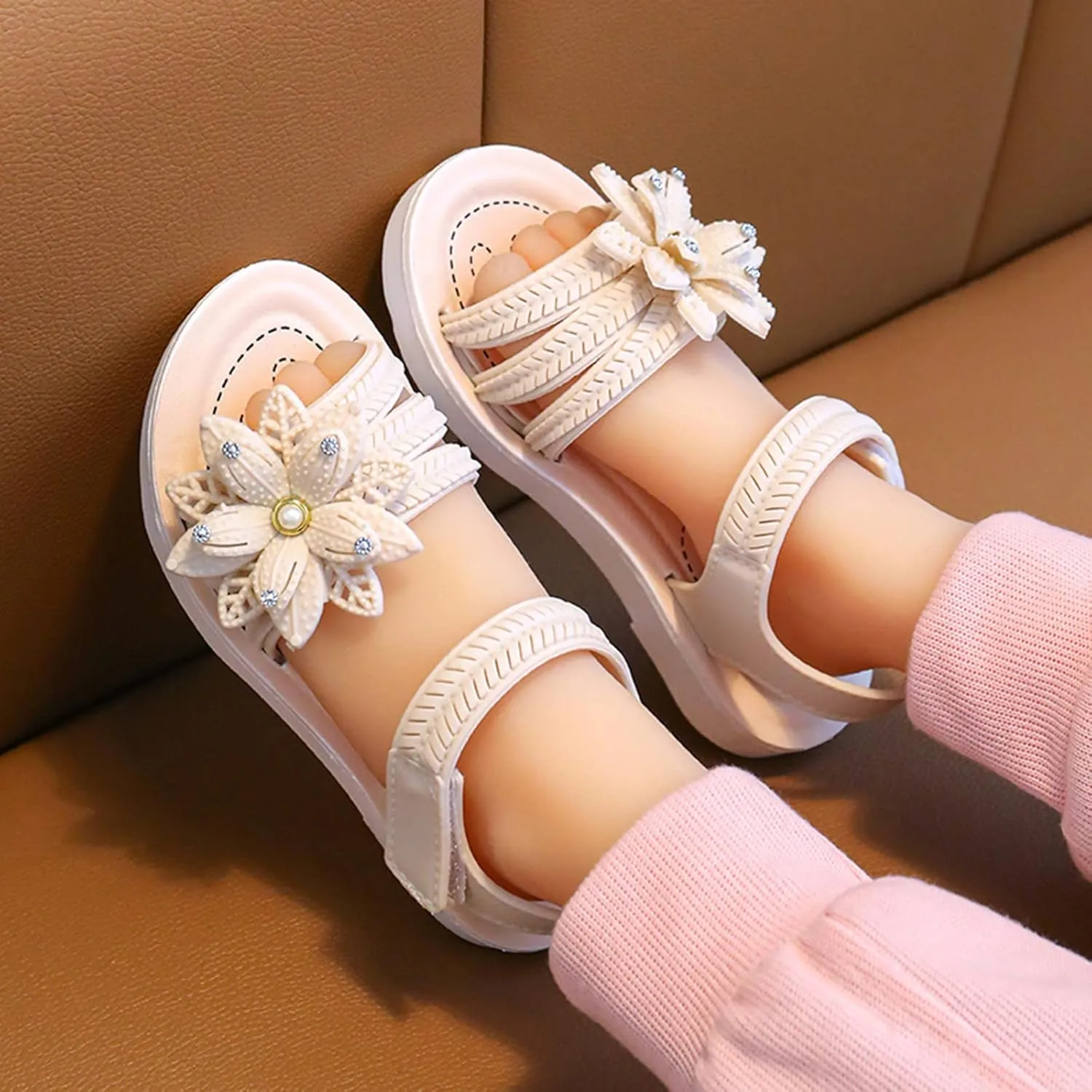 𝗣ink Flower Princess Sandals For Girls Open Toe Wide Dress Shoes With Strap Girls Kids Summer Casual Beach Pool Loafers