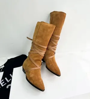JANSEVEN Western Mid-calf Slouch Cowgirl Cowboy Boots for Women Ladies with Belt Brown Casual Work Boots Leather Suede Boot Pull-On Chunky Low Heel Pointed Toe Boots size 5-13
