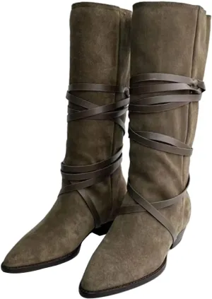 JANSEVEN Western Mid-calf Slouch Cowgirl Cowboy Boots for Women Ladies with Belt Brown Casual Work Boots Leather Suede Boot Pull-On Chunky Low Heel Pointed Toe Boots size 5-13