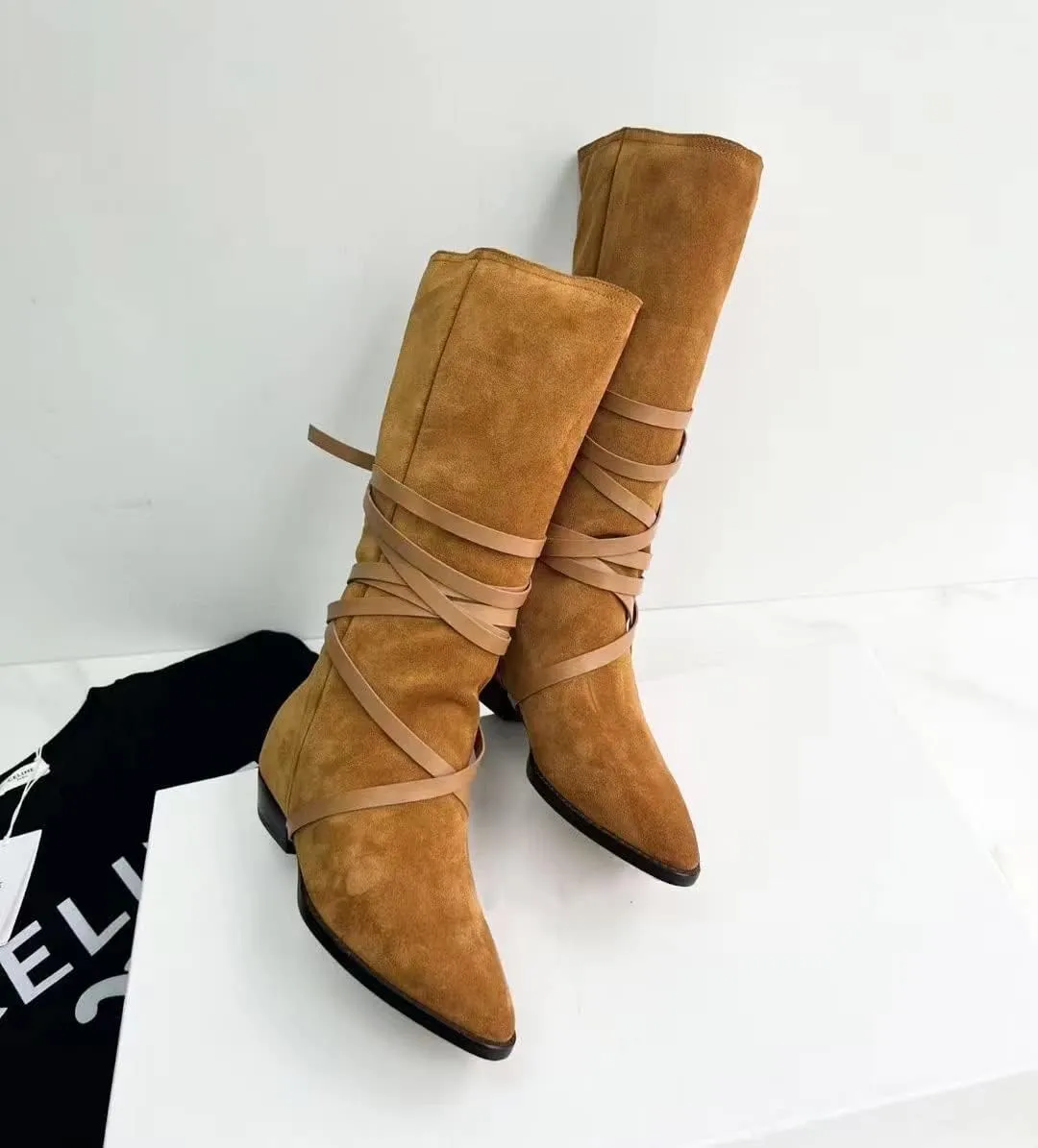 JANSEVEN Western Mid-calf Slouch Cowgirl Cowboy Boots for Women Ladies with Belt Brown Casual Work Boots Leather Suede Boot Pull-On Chunky Low Heel Pointed Toe Boots size 5-13
