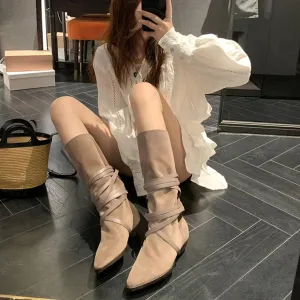 JANSEVEN Western Mid-calf Slouch Cowgirl Cowboy Boots for Women Ladies with Belt Brown Casual Work Boots Leather Suede Boot Pull-On Chunky Low Heel Pointed Toe Boots size 5-13