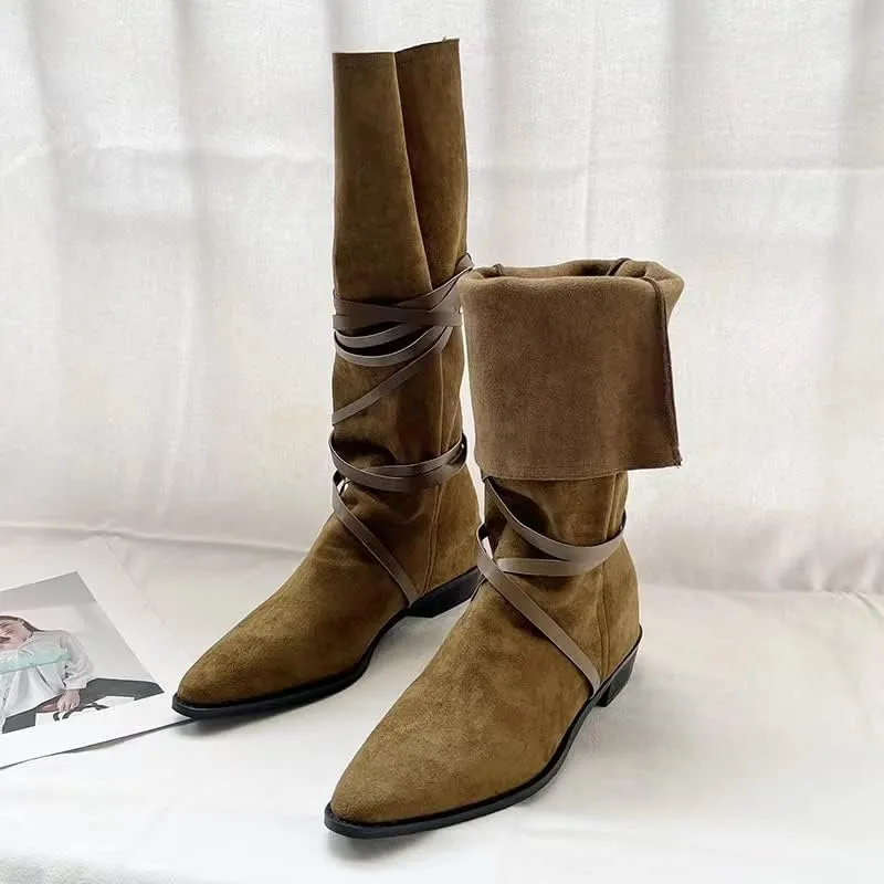 JANSEVEN Western Mid-calf Slouch Cowgirl Cowboy Boots for Women Ladies with Belt Brown Casual Work Boots Leather Suede Boot Pull-On Chunky Low Heel Pointed Toe Boots size 5-13