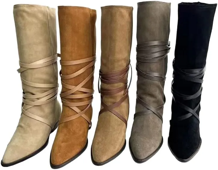 JANSEVEN Western Mid-calf Slouch Cowgirl Cowboy Boots for Women Ladies with Belt Brown Casual Work Boots Leather Suede Boot Pull-On Chunky Low Heel Pointed Toe Boots size 5-13