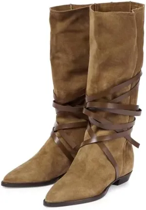 JANSEVEN Western Mid-calf Slouch Cowgirl Cowboy Boots for Women Ladies with Belt Brown Casual Work Boots Leather Suede Boot Pull-On Chunky Low Heel Pointed Toe Boots size 5-13