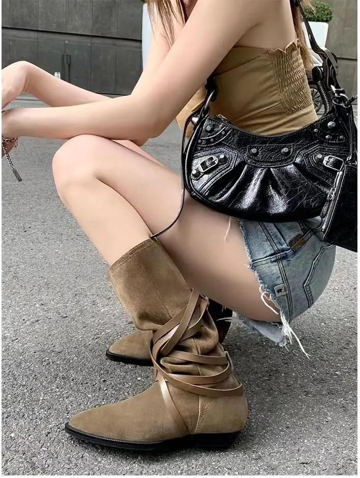 JANSEVEN Western Mid-calf Slouch Cowgirl Cowboy Boots for Women Ladies with Belt Brown Casual Work Boots Leather Suede Boot Pull-On Chunky Low Heel Pointed Toe Boots size 5-13