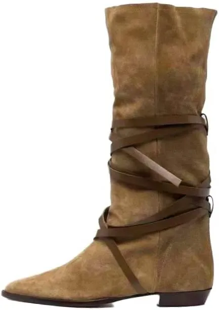 JANSEVEN Western Mid-calf Slouch Cowgirl Cowboy Boots for Women Ladies with Belt Brown Casual Work Boots Leather Suede Boot Pull-On Chunky Low Heel Pointed Toe Boots size 5-13