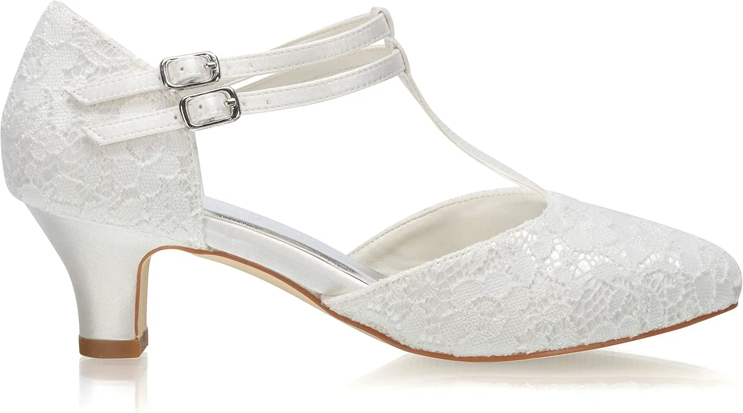 JIAJIA 00968 Women's Bridal Shoes Closed Toe T-Strap 1.9" Block Low Heel Lace Satin Pumps Wedding Shoes