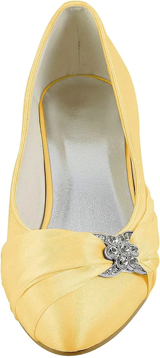 JIAJIA 0112A Women's Bridal Shoes Closed Toe Low Heel Comfort Satin Pumps Crystal Wedding Shoes