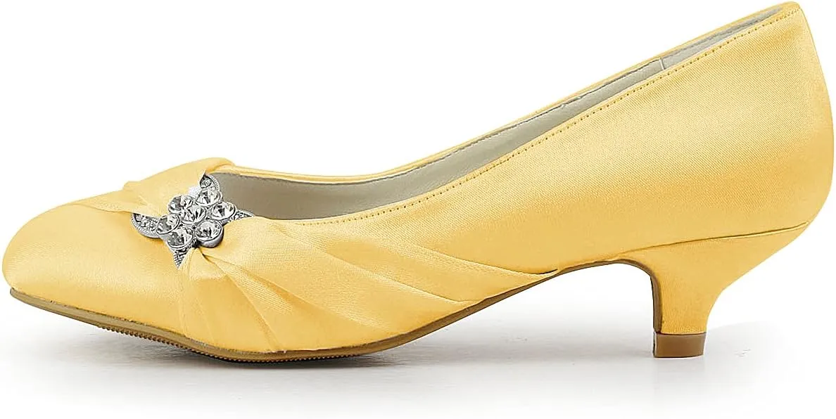 JIAJIA 0112A Women's Bridal Shoes Closed Toe Low Heel Comfort Satin Pumps Crystal Wedding Shoes