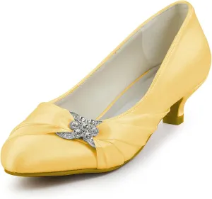 JIAJIA 0112A Women's Bridal Shoes Closed Toe Low Heel Comfort Satin Pumps Crystal Wedding Shoes